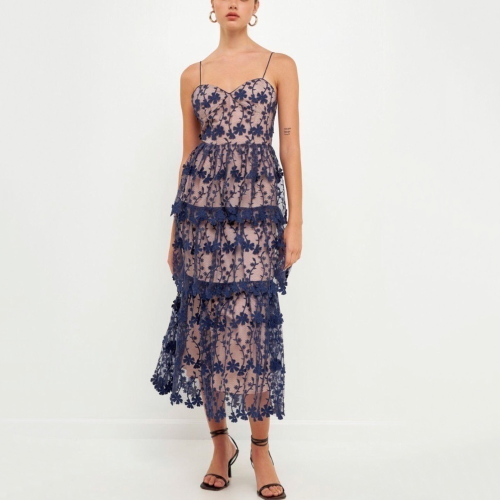 NWT Endless Rose Crochet Tiered Layered Tulle Midi Dress in Navy